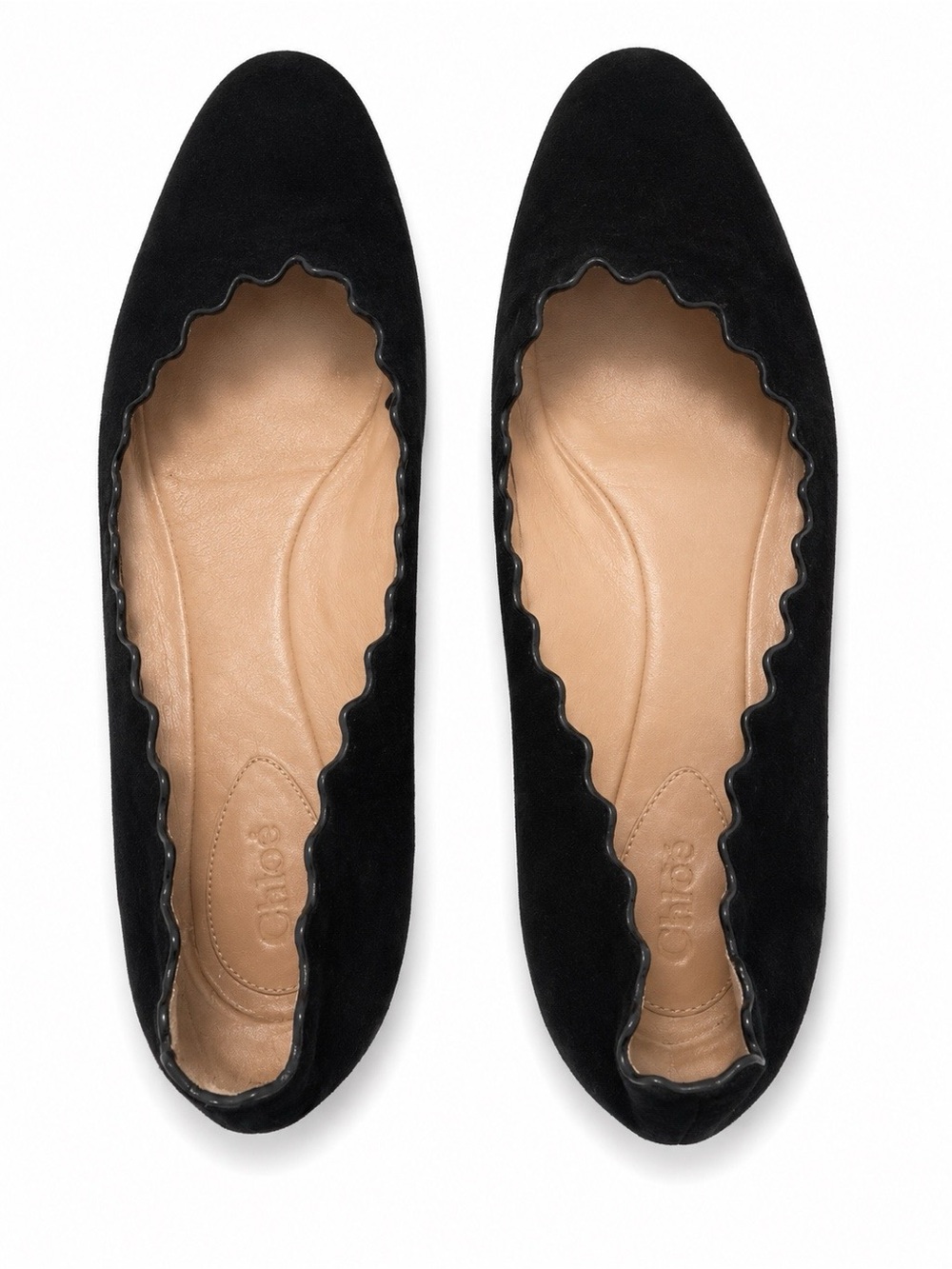 Chloe Lauren Black Suede Scalloped Ballet Flats 38 1/2